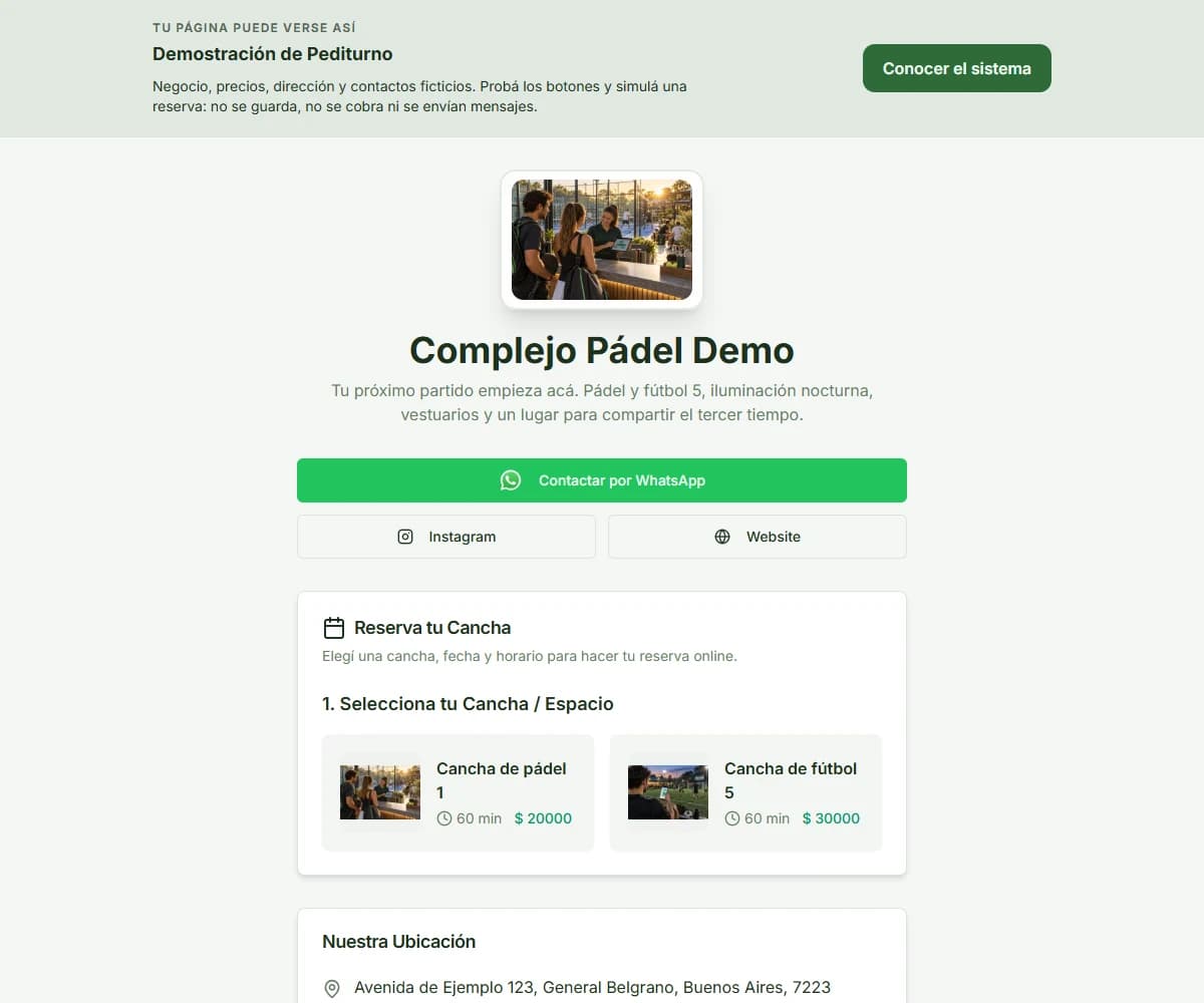 Pantalla real de reserva de canchas en Pediturno con datos de demostración